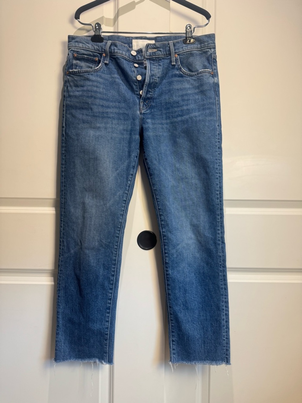 MOTHER the scrapper Button-Fly Straight Leg Jeans in Medium Blue